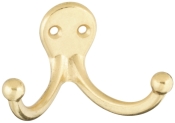 Double Coat & Hat Hook, Bright Brass, 2 Pack